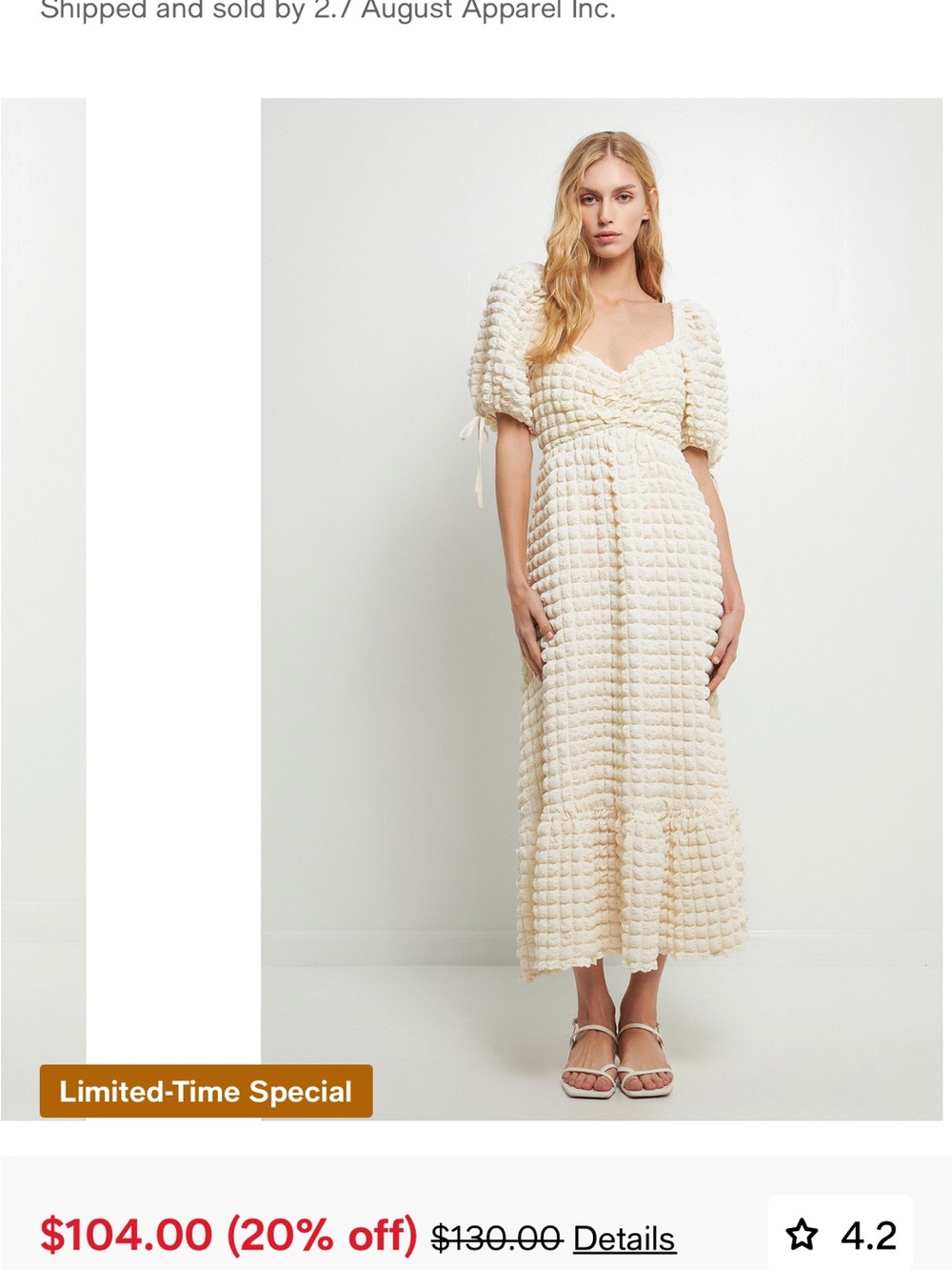 NWOT Endless Rose Cream Textured Puff Sleeve Smocked Dress